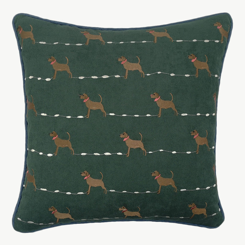 Autumn -  Green Corduroy, Blue Denim Cushion with Embroidered Dogs