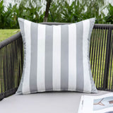Grey & White Striped Waterproof Outdoor Cushion on Garden Bench