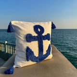 Mateo - 100% Cotton Tufted Nautical Blue Anchor Cushion