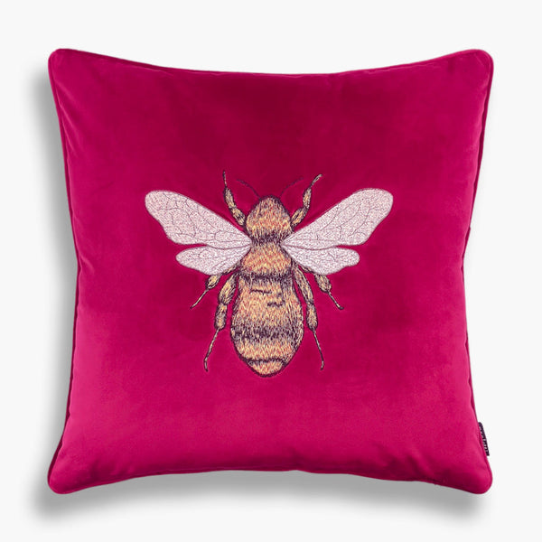 Monte - Embroidered Bee Velvet Velour Cushion - Dark Pink