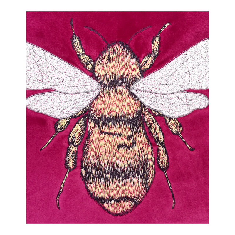 Monte - Embroidered Bee Velvet Velour Cushion - Dark Pink