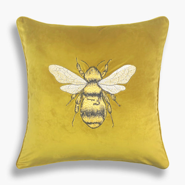 Monte - Embroidered Bee Velvet Velour Cushion - Lime Green