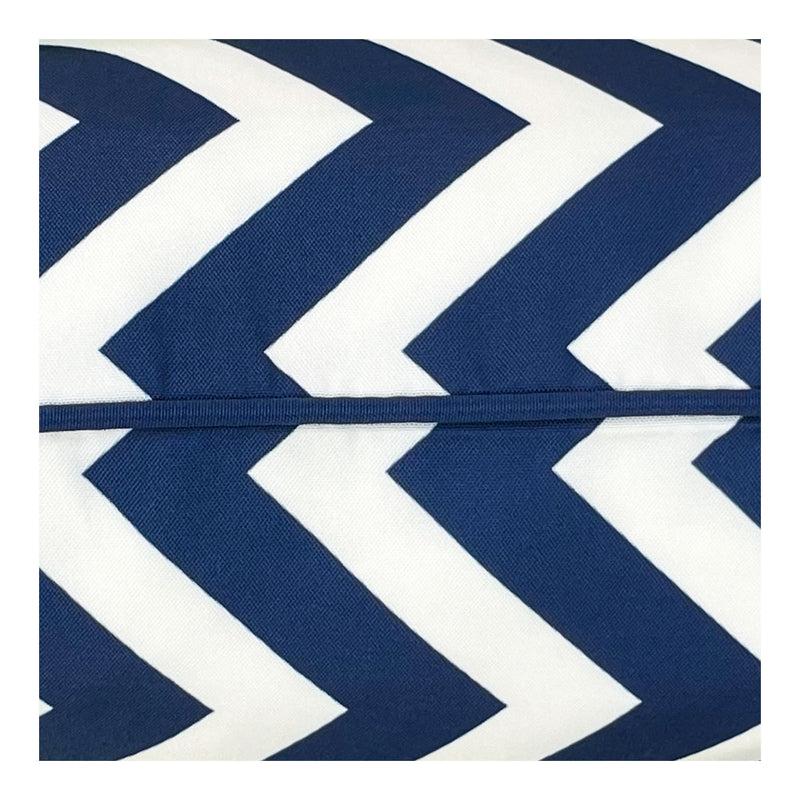 Blue & White Waterproof Outdoor Garden Cushion with a Striped Chevron Design Close Up Photo of Piping Detail