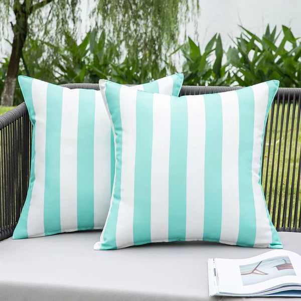 Turquoise & White Striped Waterproof Outdoor Cushions on Garden Bench